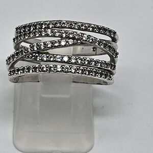 Stella & Dot Diamondesque Layered Overlap CZ Silver Tone Ring Sz 6.5